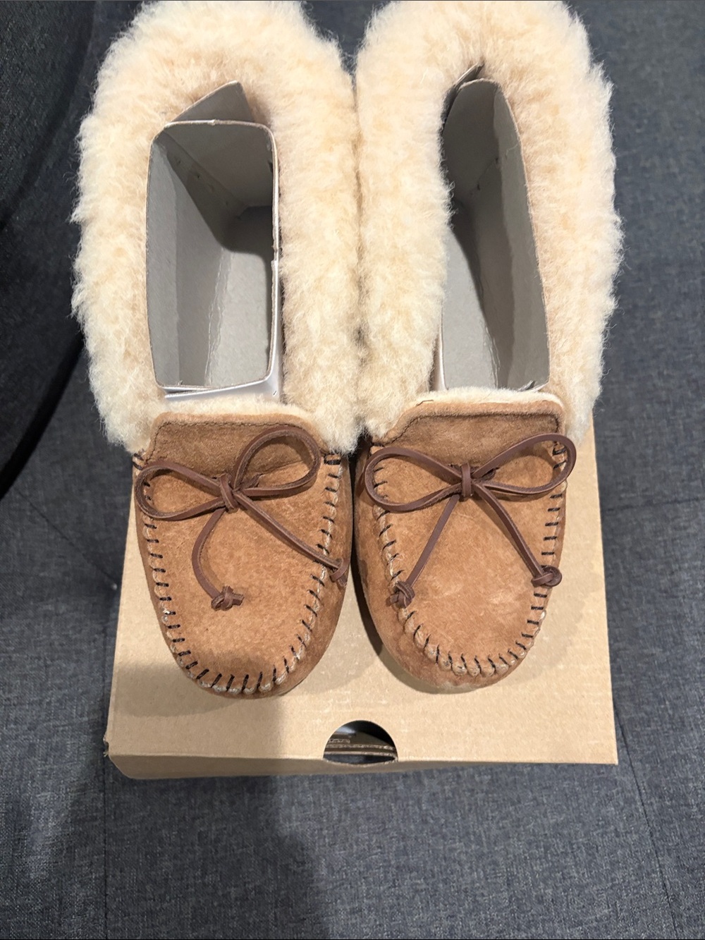 Women's Tan Suede Moccasin Slippers with Cream Shearling Lining